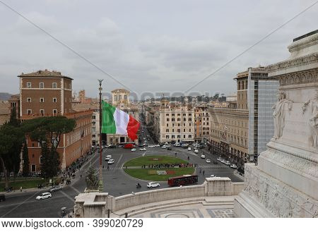 Rome, Rm, Italy - March 5, 2019:  Italian Flag And Wide Square Called Piazza Venezia
