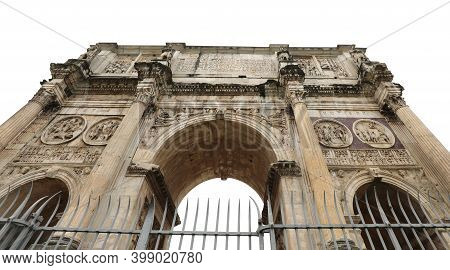 Rome, Rm, Italy - March 5, 2019:  Bottom View Of Monument Arch Of Constantine Dedicated To The Emper