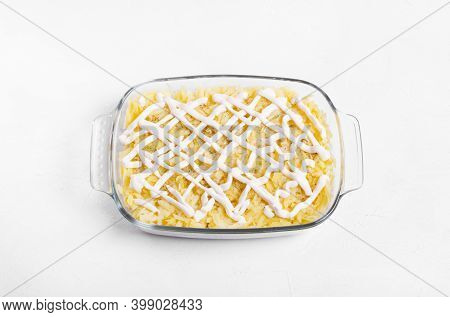 Grated Boiled Potato And Mayonnaise Added As The Third Layer. Step By Step Recipe Of Shuba Salad. St
