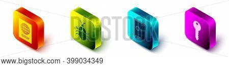 Set Isometric Passport, System Bug Concept, Safe And Key Icon. Vector
