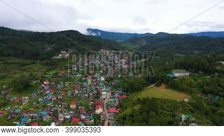 Aerial View Town Of Sagada, Located In The Mountainous Province Of Philippines. City In The Valley A