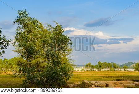 Monumental Clouds, During Early Sunset Over Green Landscape