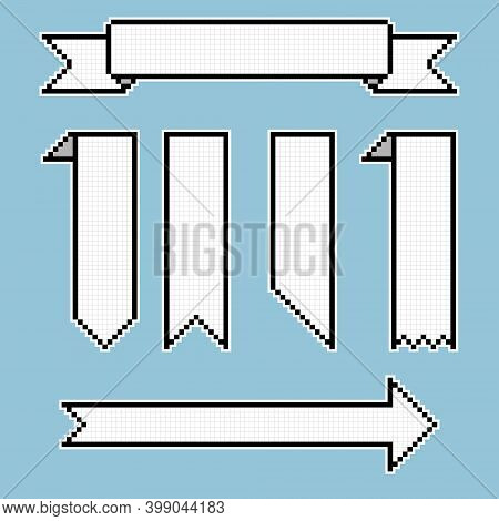 Collection Set Of Retro Game 8 Bit Line Pixel Ribbon Banner Speech Bubble Balloon, Text Box, Black A