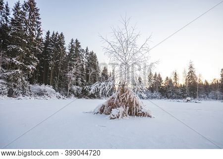 The Frozen Razderikha River. Lobnya, Moscow Region, Russia