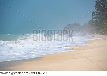 Huge Waves On Lamai Beach On Koh Samui Island In Thailand, Tsunami In The Gulf Of Thailand, Storm Cl