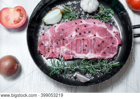 Fresh, Delicious Neck Pork In Pan With Spices Ready For Homemade Roasted