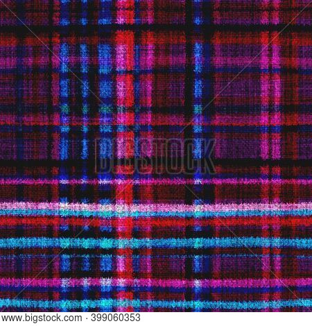 Variegated Multicolor Tapestry Plaid Woven Texture. Space Dyed Watercolor Effect Knit Check Backgrou