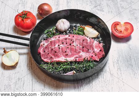 Fresh, Delicious Neck Pork In Pan With Spices On Rustic Table, Fresh Pork Meat Ready To Roast