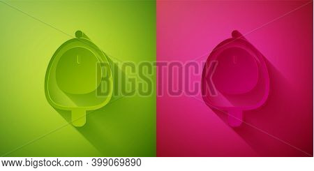Paper Cut Toilet Urinal Or Pissoir Icon Isolated On Green And Pink Background. Urinal In Male Toilet