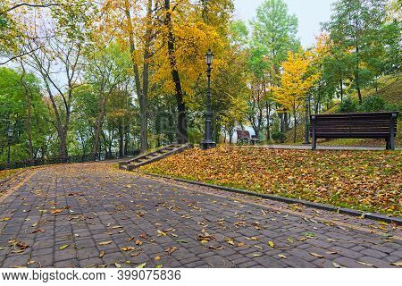 Landscape During The Autumn Season. Low Angle View Of Autumn Colored Park Saint Volodymyr Hill In Ky