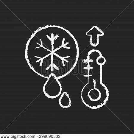 Snow Melting Chalk White Icon On Black Background. High Temperatures On Streets. Hard Ice Becoming W