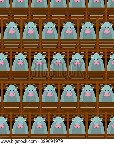 Cows In Barn Pattern Seamless. Cattle On Farm Background. Vector Texture