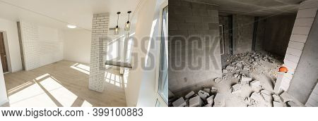 Room With Unfinished Walls And A Room After Repair. Before And After Renovation In New Housing.