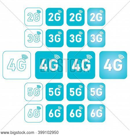 2g, 3g, 4g, 5g, 6g Icon Set For Internet And Phone. Vector Illustration Isolated On White Background