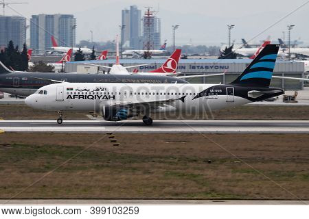 Istanbul / Turkey - March 27, 2019: Afriqiyah Airways Airbus A320 5a-onb Passenger Plane Departure A