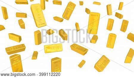 Background With Highest Standard Gold Bars. A Lot Of Ingots Of 999.9 Fine Gold Isolated On White Bac