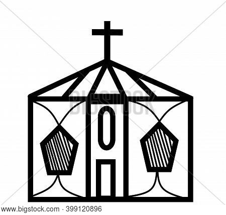 Place Of Worship, Christian Church House With Top Christian Cross Symbol And White Background.