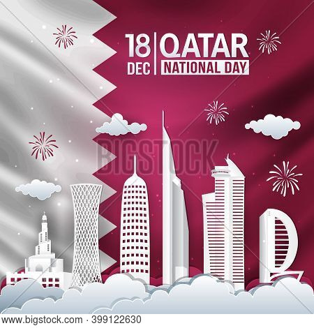 Vector Illustration Of 18th December Qatar National Day Celebration With City Skyline, Qatar Flag An