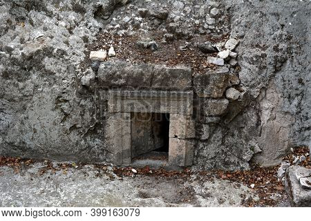 Entrance To An Ancient Jewish Funerary Cave At Beit Shearim In Israel.