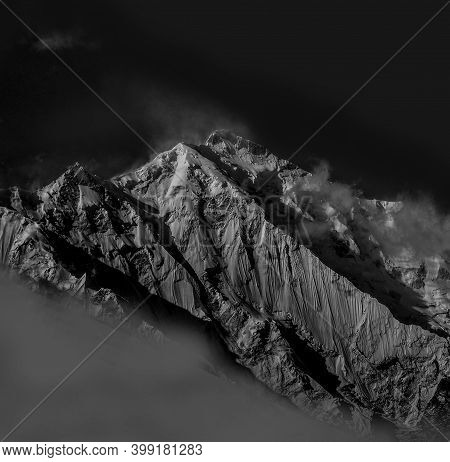 Snow Capped Misty Rakaposhi Peak Mountain Black And White With Fog Mist And Ice Adventure Calling Cl