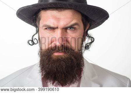 Jewish Man. Bearded Jewish Man. Close Up Portrait Of Bearded Orthodox Jewish Man. Purim, Business, B