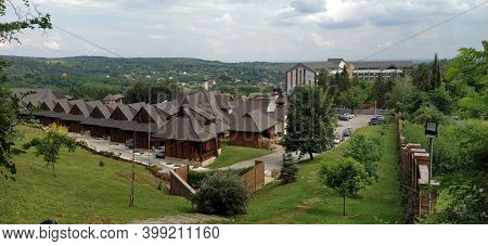 Vrdnik, Serbia July 4, 2020. Hotel Complex Of Wooden Houses. New Cottages And Bungalows For Tourists