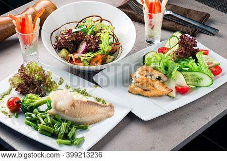 Set Of Diet Dishes. Assortment Of Food Set Diet Dish Lunch On A Table. Paleo, Keto, Fodmap, Dash Die