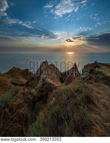 Picturesque Sunset Landscape Of Stanislav Clay Mountains And Canyons Above Dnipro River Bay Near The