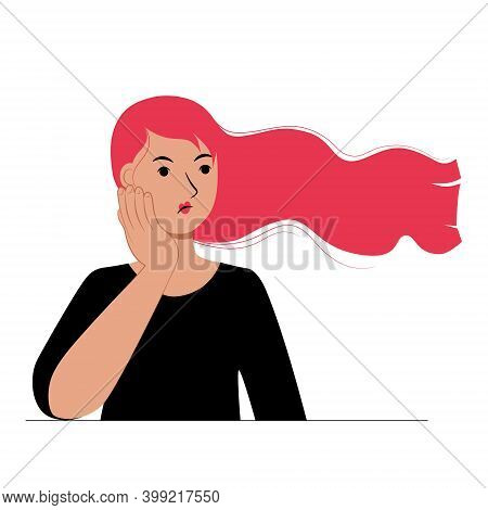 Young Woman Holds Her Cheek With Her Hand. Sad Puzzled Upset Girl. Negative Emotions. Toothache. Cha