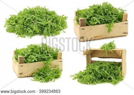 fresh rucola leaves (Eruca sativa) in a wooden box on a white background