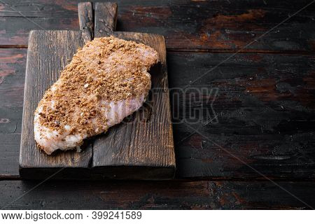 Crispy Garlicky Chicken Raw Ingredients On Wooden Table With Copy Space