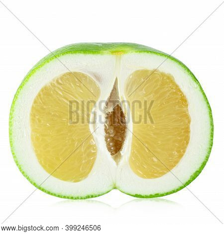 Half Citrus Sweetie Or Pomelit, Oroblanco Isolated On White Background Close-up. File Contains Clipp