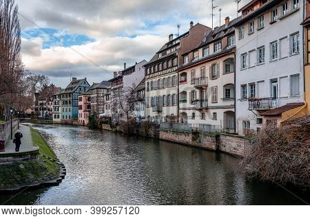 Half Timbered Houses In Little France, Strasbourg, France. Alsatian Scenic Landscape In The Afternoo