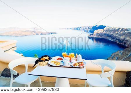 Breakfast For Two With Coffee, Fresh Orabge Juice And Yogurt At Morning By Seaside, Toned
