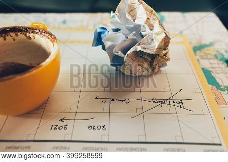 Tourist Planning Vacation With Calendar And Map. Cross Line In Holiday Text And Crump Paper Map . Ca