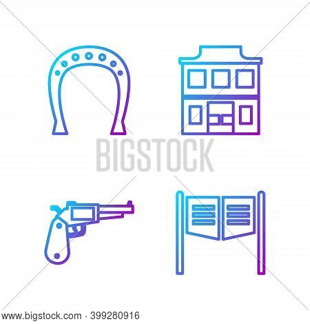 Set Line Saloon Door, Revolver Gun, Horseshoe And Wild West Saloon. Gradient Color Icons. Vector