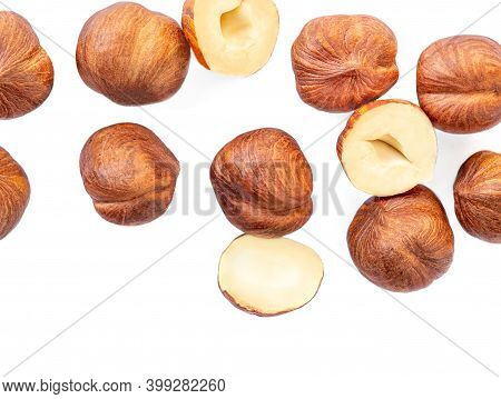 Hazelnutss Isolated On White Background. Creative Food Layout. Pattern With Hazelnuts Top View. Flat