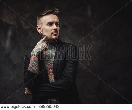 Dressed In Black Luxurious Jacket Serious And Tattooed Hipster Person With Modern Haircut And Short 