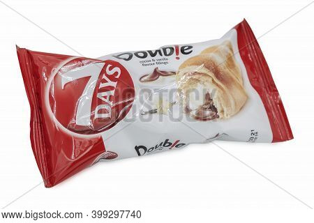Pula, Croatia - December 10, 2020: 7days Croissant With Cocoa And Vanilla Cream Filling Produced And