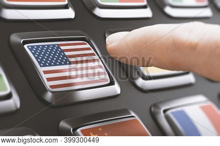 Finger About To Press A Button With The United States Flag. Concept Of Us Choice. Composite Image Be