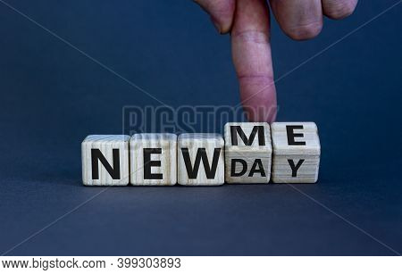 New Me Symbol. Hand Turns Cubes And Changes Words 'new Day' To 'new Me'. Beautiful Grey Background. 