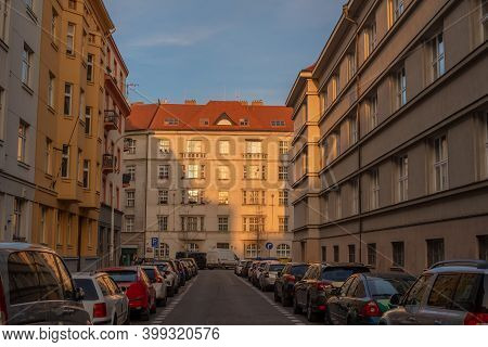 Prague, Czech Republic. 12-01-2020. Beautiful Urban Scene Highlighting Tress And Buildings Of Prague