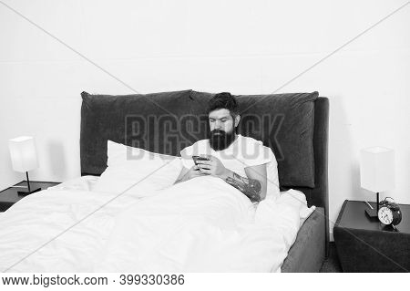 Check Email. First Of All. Bearded Man Texting Sms In Bed. Hipster Send Message Using Smartphone. Mo