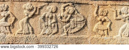 Hampi, Karnataka, India - November 4, 2013: Mural Sculpture On Stone At Royal Enclosure. Base Of Mah