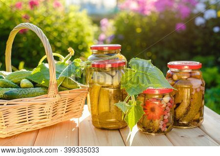 Pickled cucumbers in a jar. Autumn harvesting. Pickled and salted vegetables. Preservation for the winter. Summer country hobby.