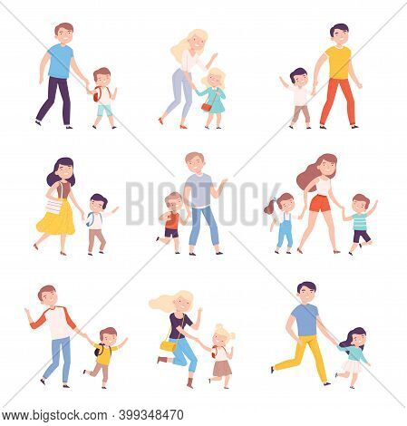 Parents Accompanying Their Children To School Or Kindergarten Set, Parents And Kids Walking Together
