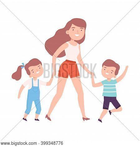 Mom Accompanying Her Son And Daughter To The School Or Kindergarten, Parent And Kids Walking Togethe