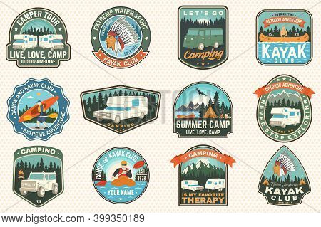 Set Of Summer Camp, Canoe And Kayak Club Badges. Vector. For Patch, Stamp. Design With Camping, Moun