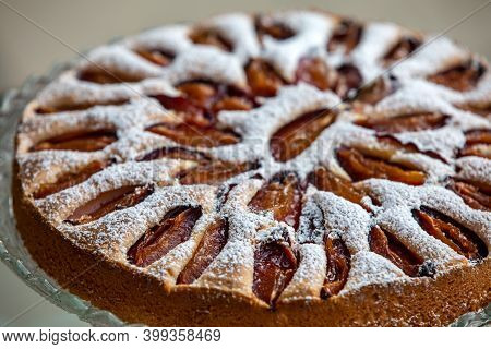 Delicious Plum Cake Sprinkled With Powdered Sugar