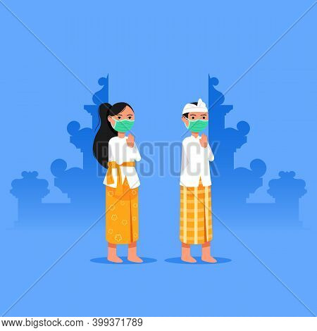 Balinese Girl And Boy Give Welcome Greeting. Suitable For Hinduism Theme.